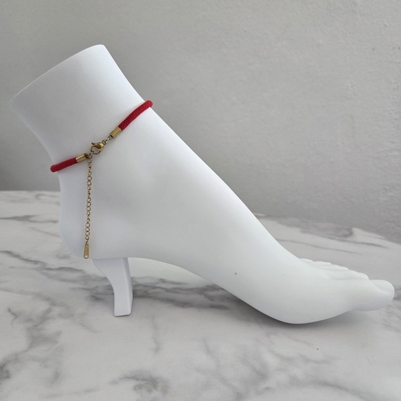 Adjustable Lucky Red Cord & Gold Charm Anklet - Picture 7 of 12